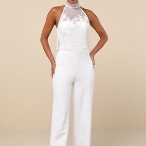 Lulu's Formally Invited White Embroidered Organza Flounce Jumpsuit